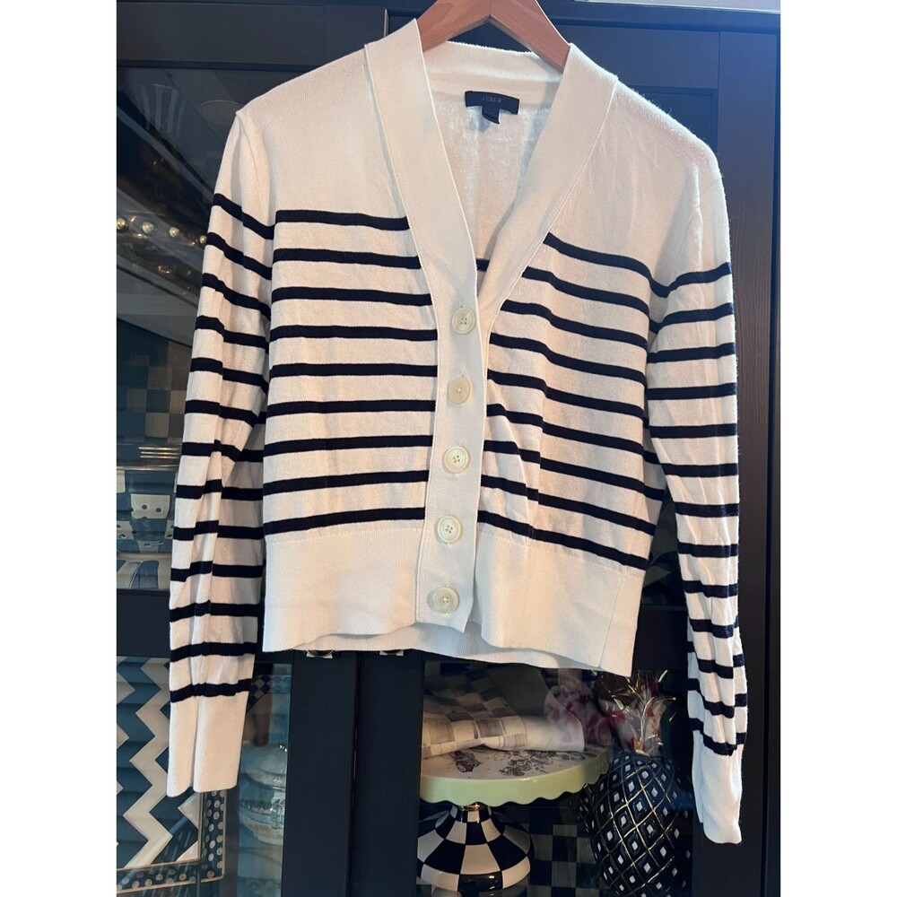 J.Crew Cardigan Womens M White Blue Striped Cotton Blend Nautical Coastal